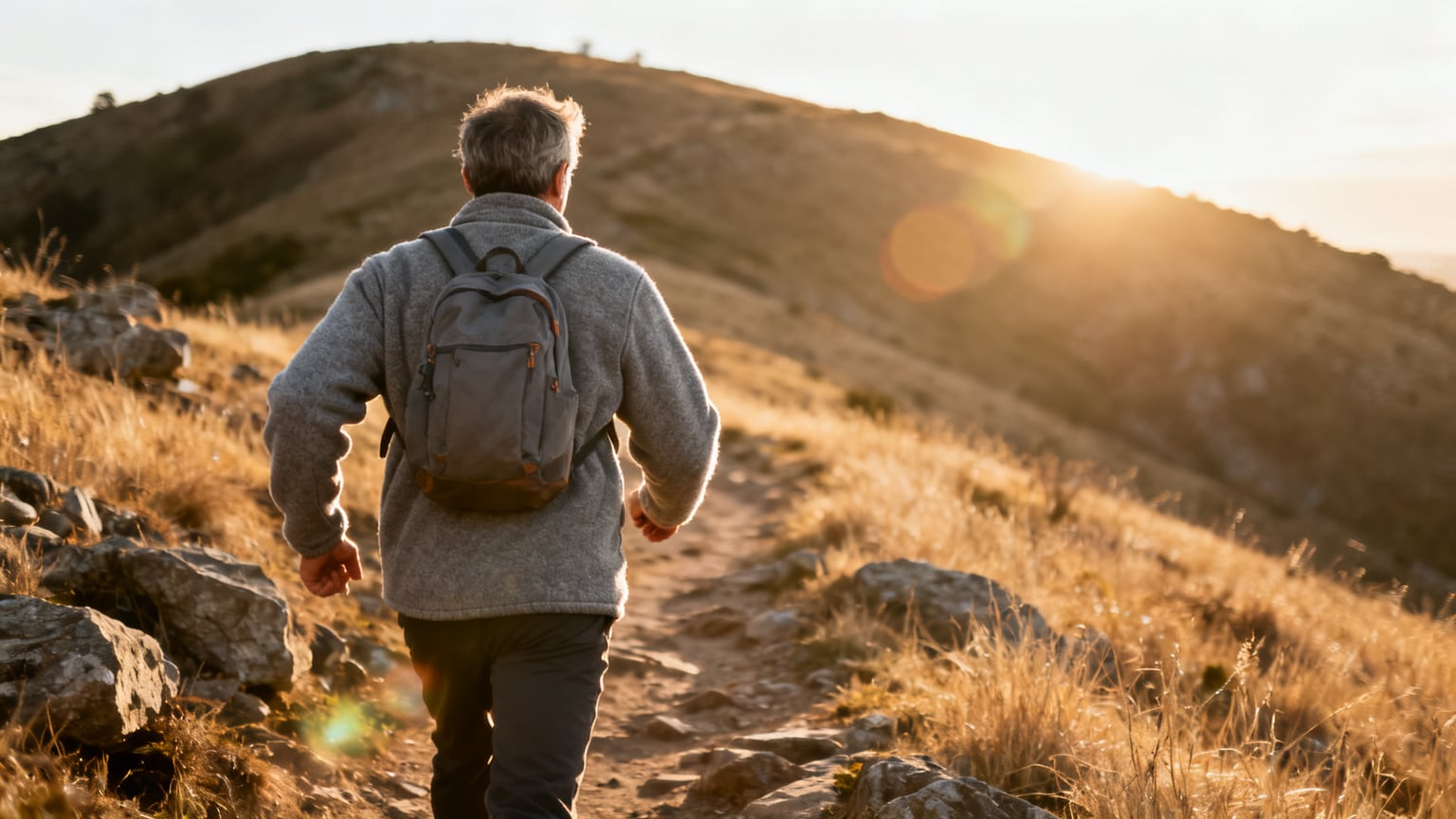 A man in his late forties seen from behind mid-stride on a rocky hillside trail at golden hour, grey fleece and a small 