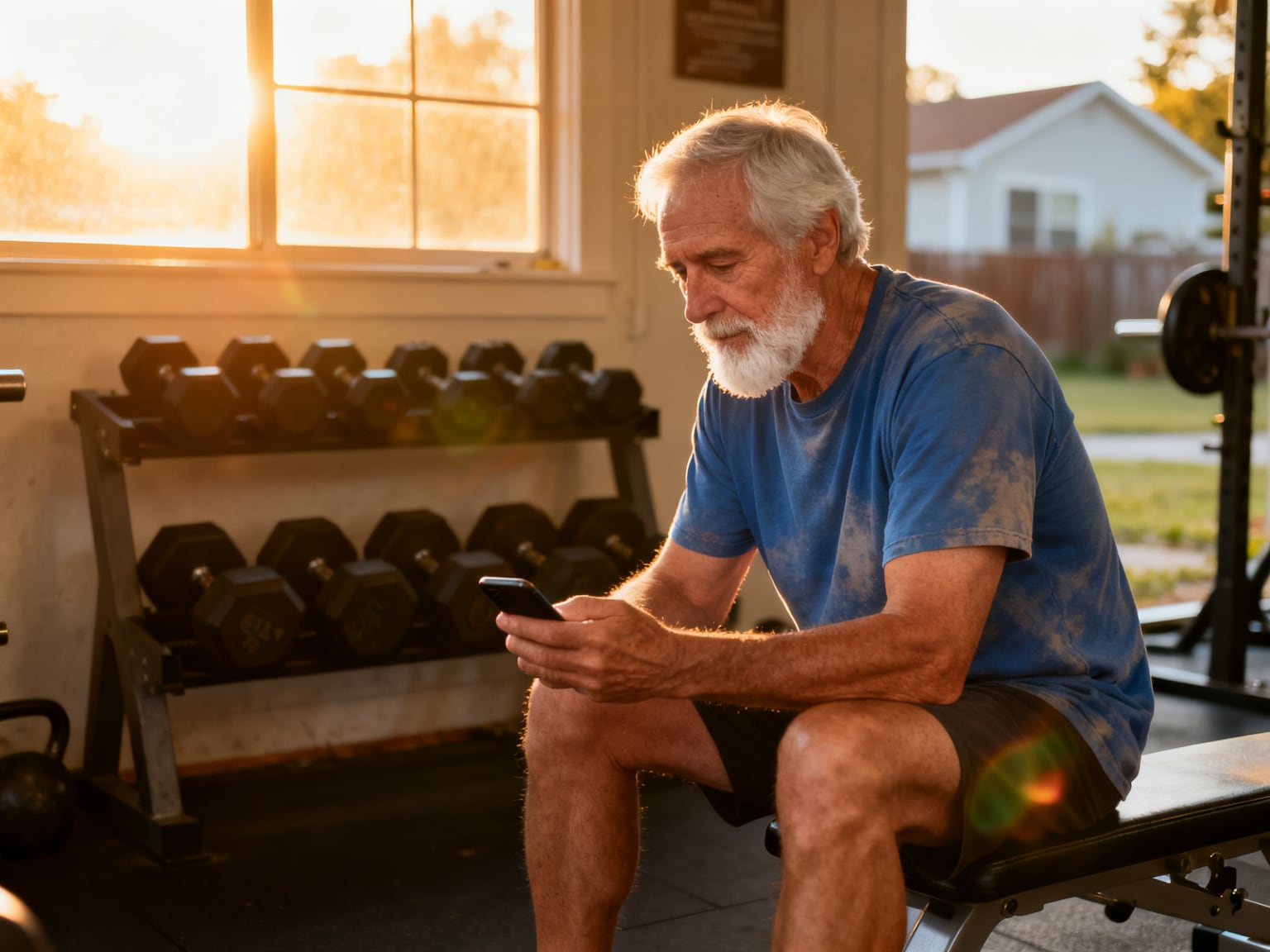 A man in his sixties with a white stubble beard and a faded blue t-shirt sits on a weight bench in a small neighborhood 