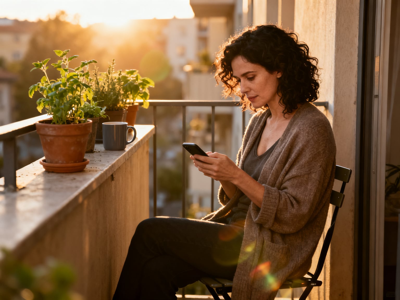 A woman in her thirties with dark curly hair in a loose cardigan sits on a small apartment balcony chair reading on her 