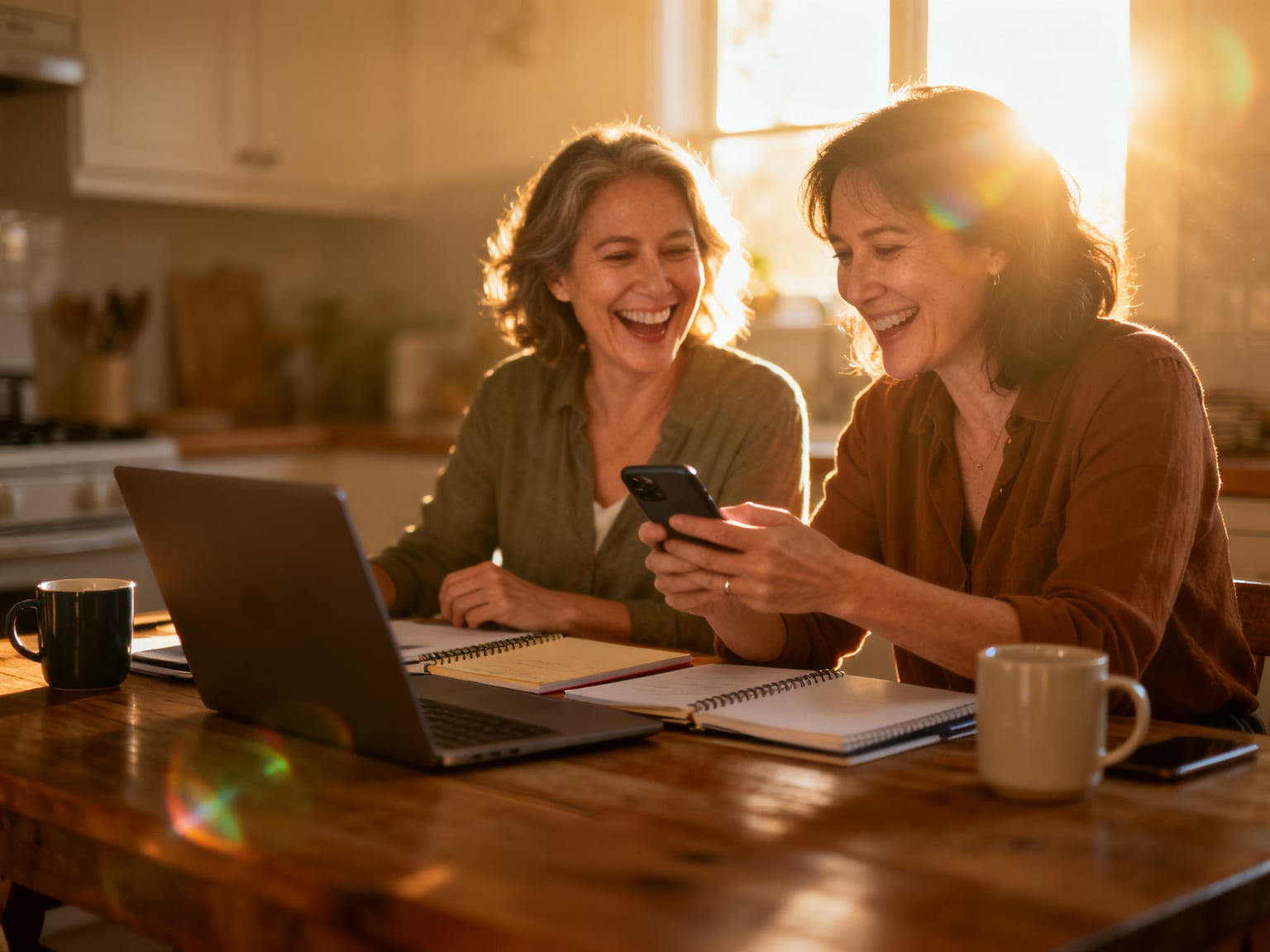 Two women friends in their forties at a kitchen table set up as a home workspace with a laptop, notebooks and coffee mug